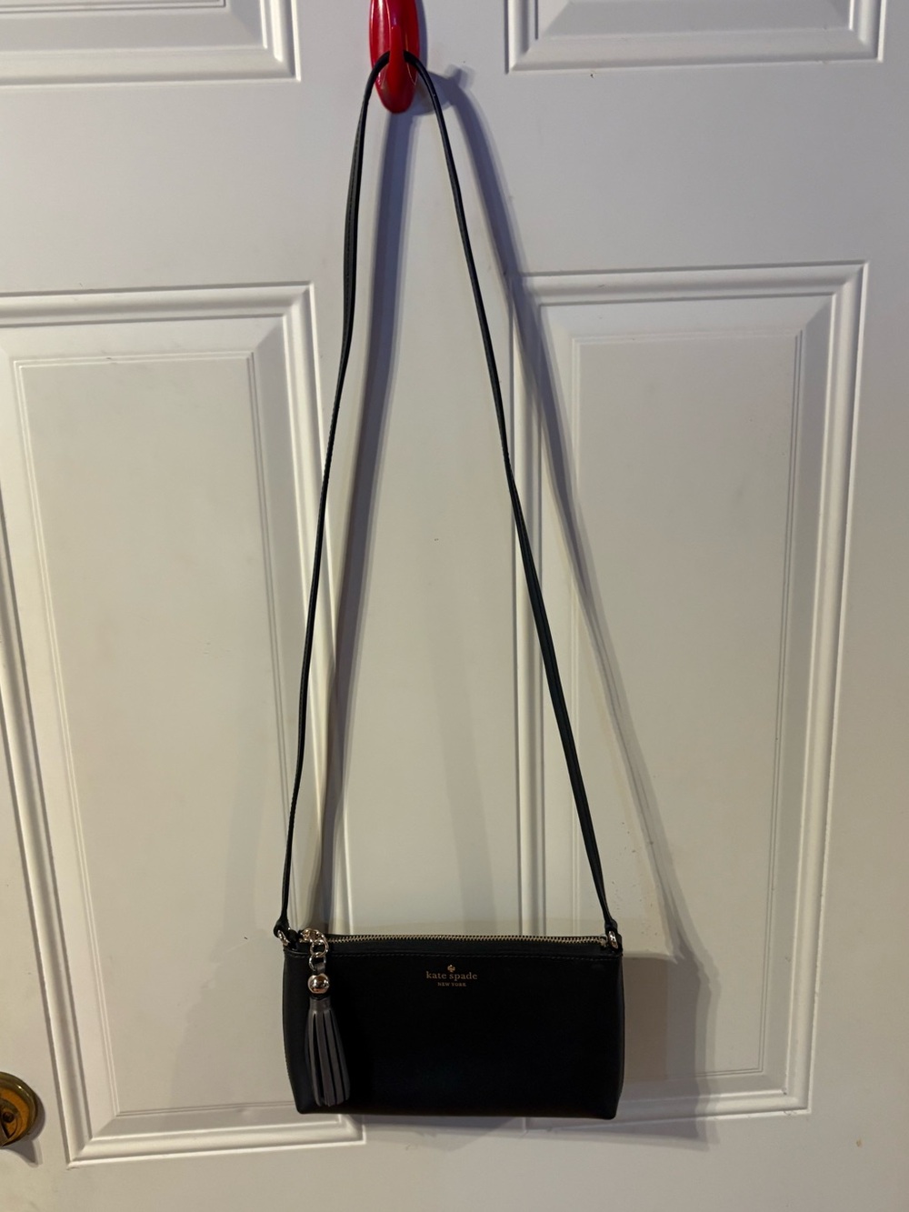 Kate Spade New York Black Leather Crossbody Bag Tassel Gold Hardware